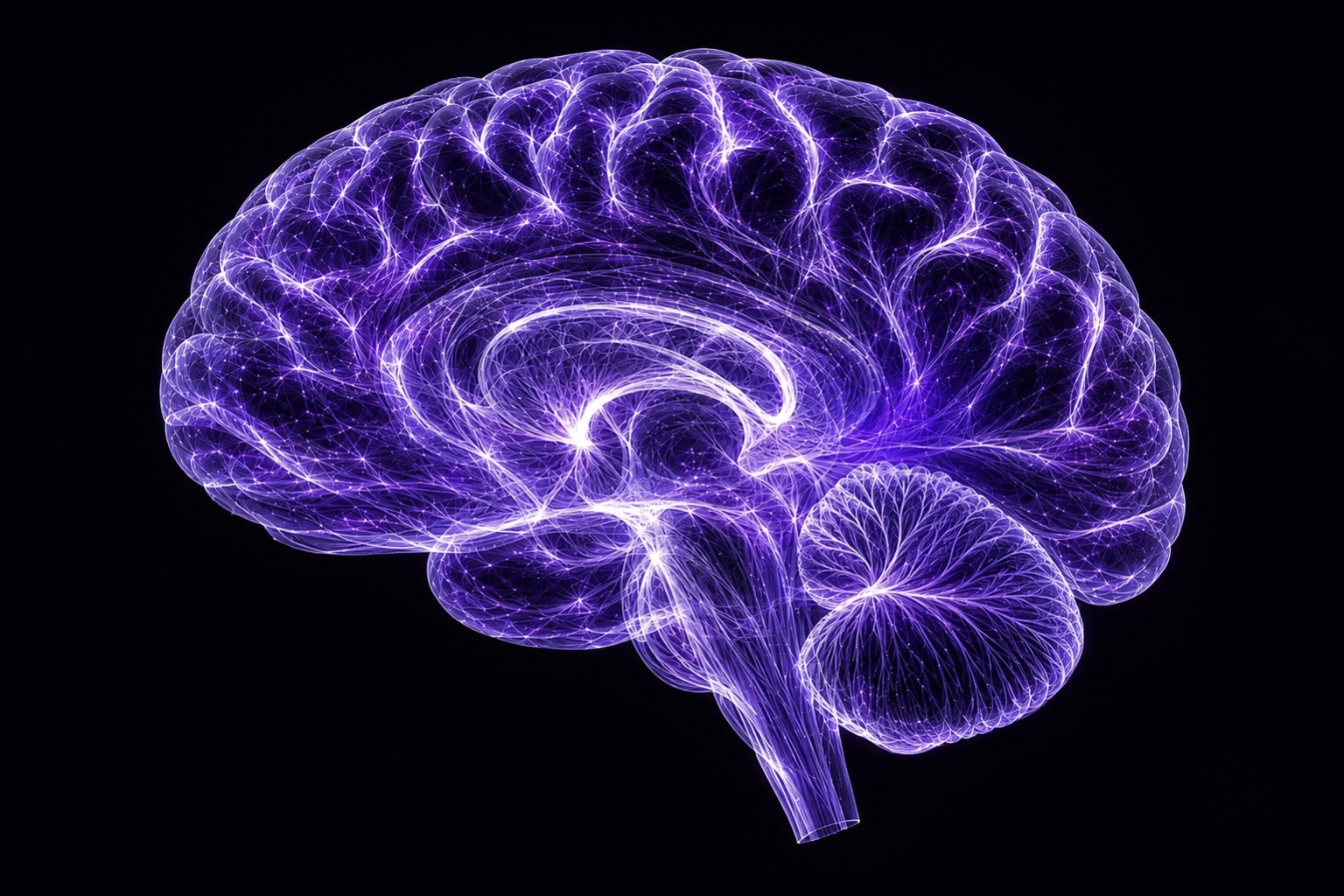 Holografische Gehirndarstellung mit violetten Lichtfasern und leuchtenden Synapsen