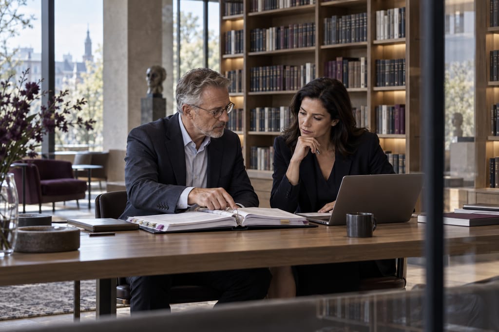 Zwei Fachleute vergleichen einen geöffneten Ordner und einen Laptop in einer modernen Fachbibliothek